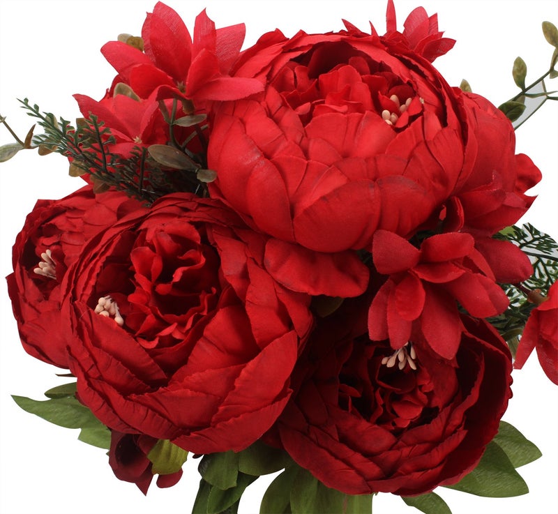 Duovlo باقة Duovlo Springs Flowers من الحرير الاصطناعي الفاوانيا لتزيين المنزل والزفاف حزمة من 1 (أحمر ربيعي) - Image 1